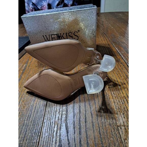 New Sz 7 Wet Kiss Clear High Heel Slingback Rhinestone Gold Sunflower Dress Shoe - Picture 12 of 12